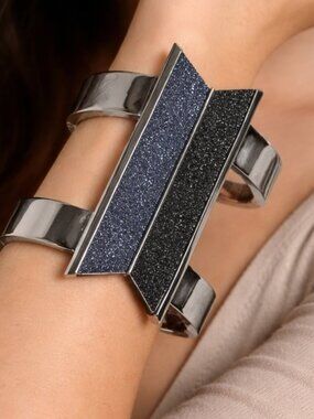 NWT ABS Silvertone Cuff Bracelet-2 1/4" open cuff- 2 angles  midnight blue&black